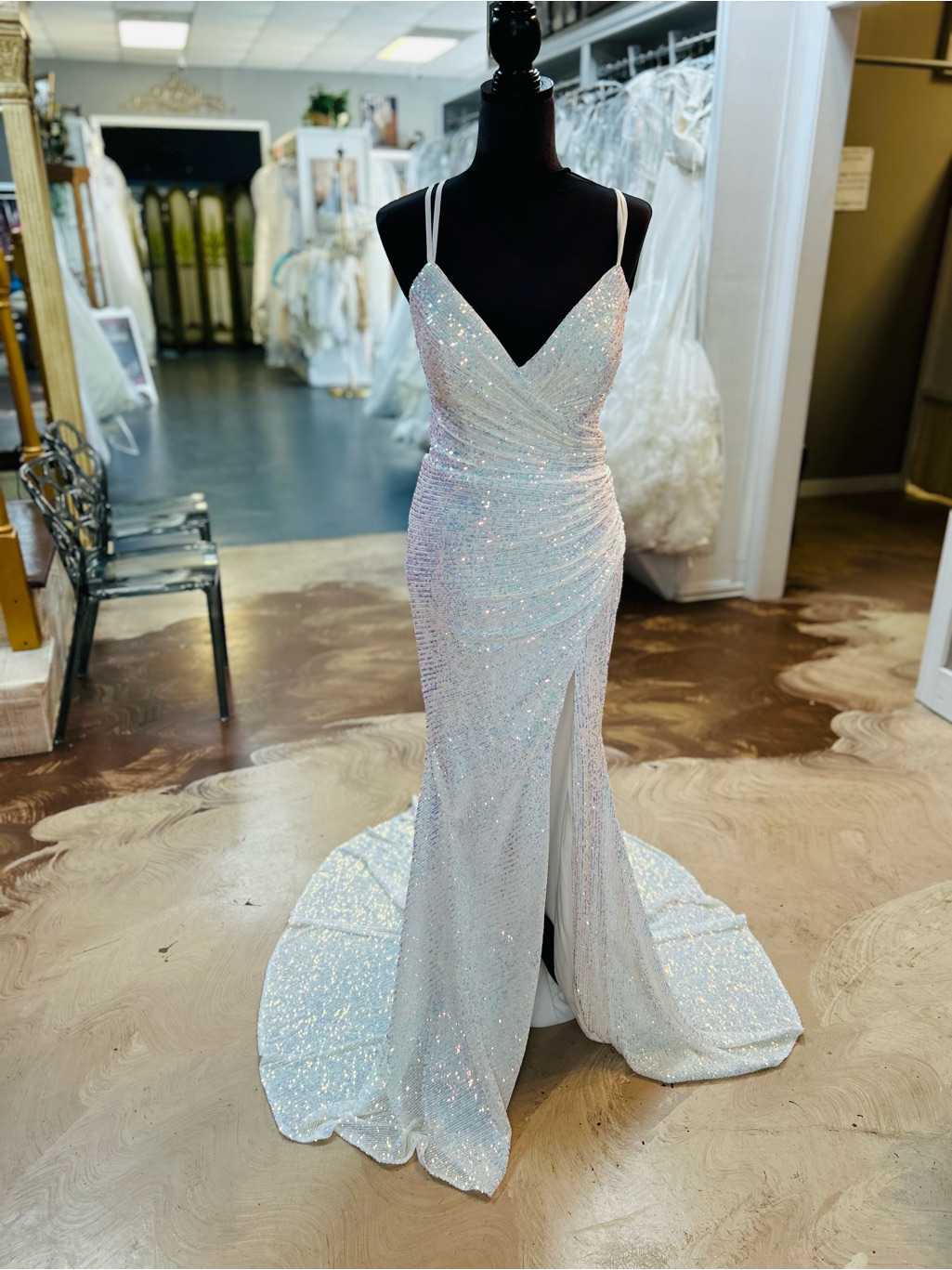 Alyce Paris Iridescent White Sequin Spaghetti Strap Prom Gown